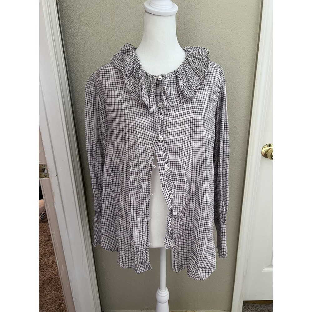 Zara Light Pink Black Gingham Plaid Button Up Ruffle Blouse Academia Women's XS
